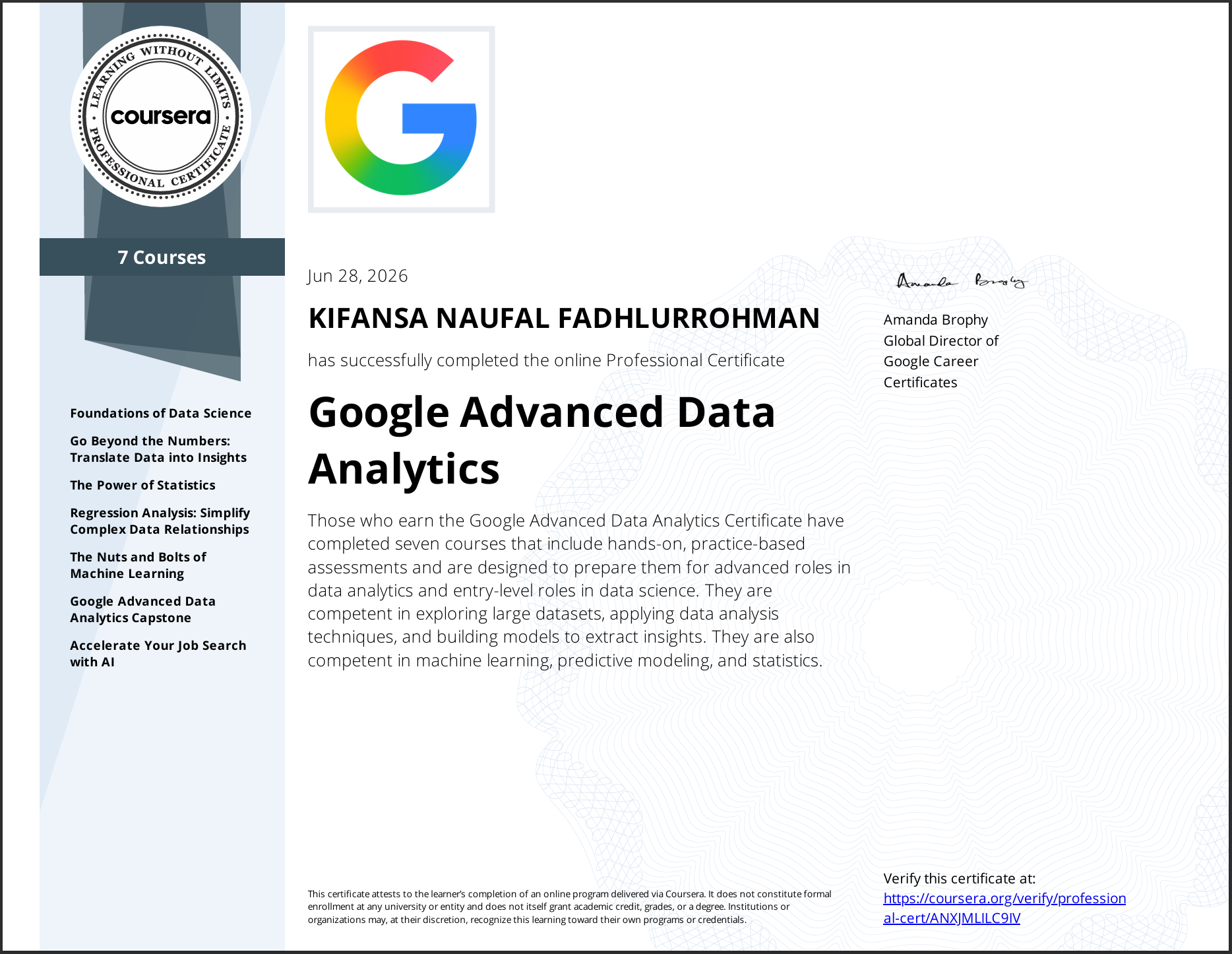 Google Advanced Data Analytics certificate
