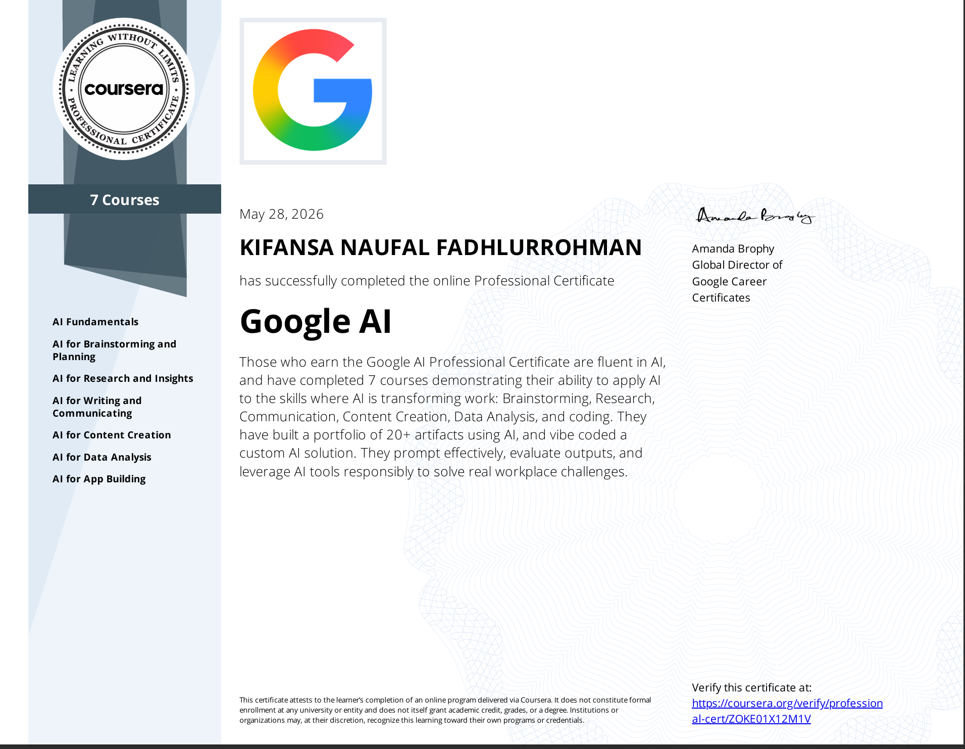 Google AI Professional Certificate certificate