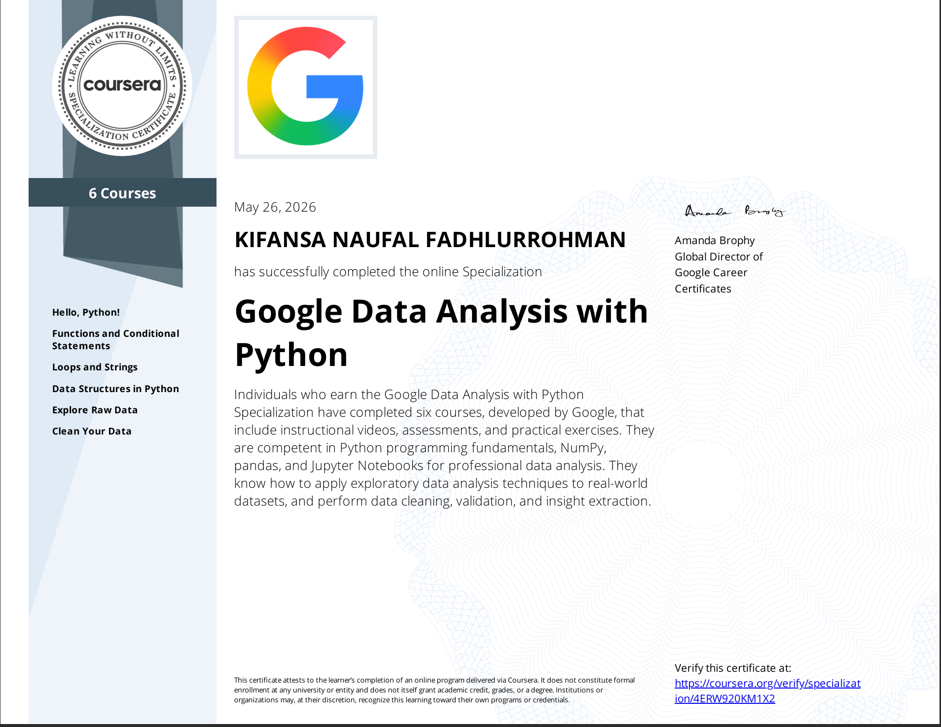 Google Data Analysis with Python certificate